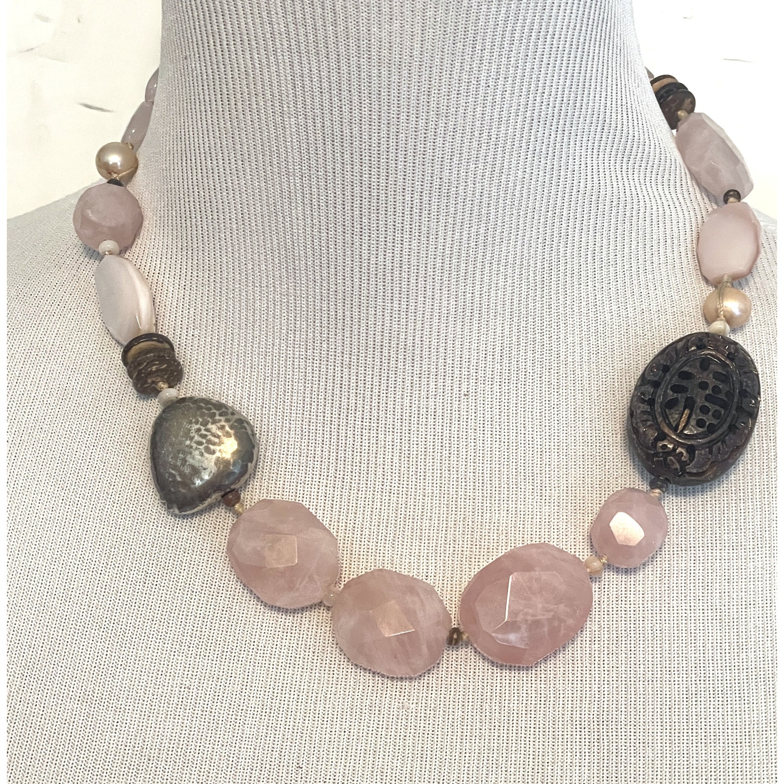 Peyote Bird New Pink Rose Quartz Necklace Palm Wood Silver Chunky Sundance